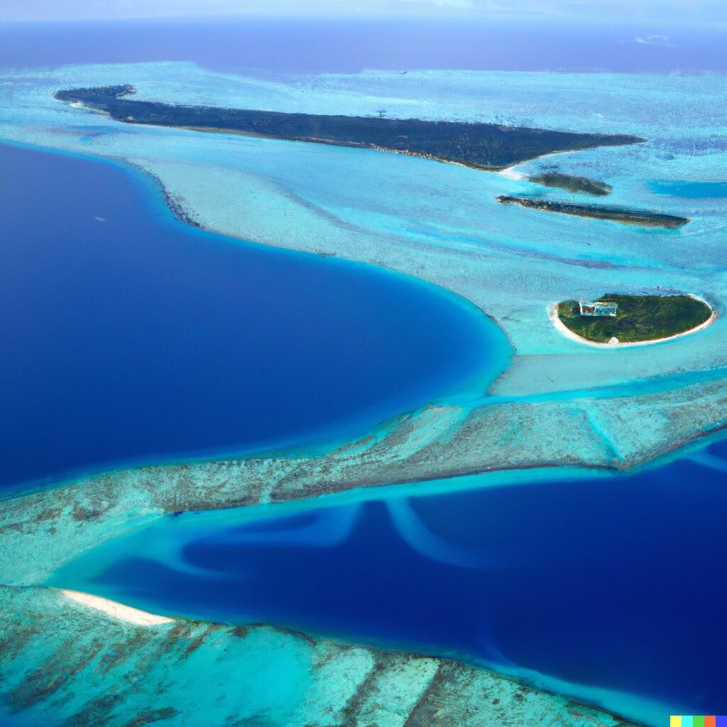 Promt An Aerial picture of an island atoll in polynesia