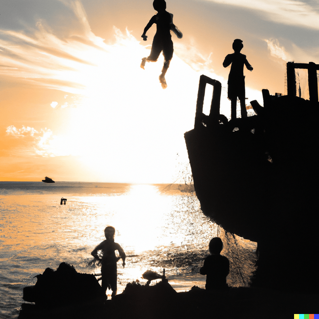 Promt: photograph of kids jumping of a shipwreck in Tuvalu in the sunset