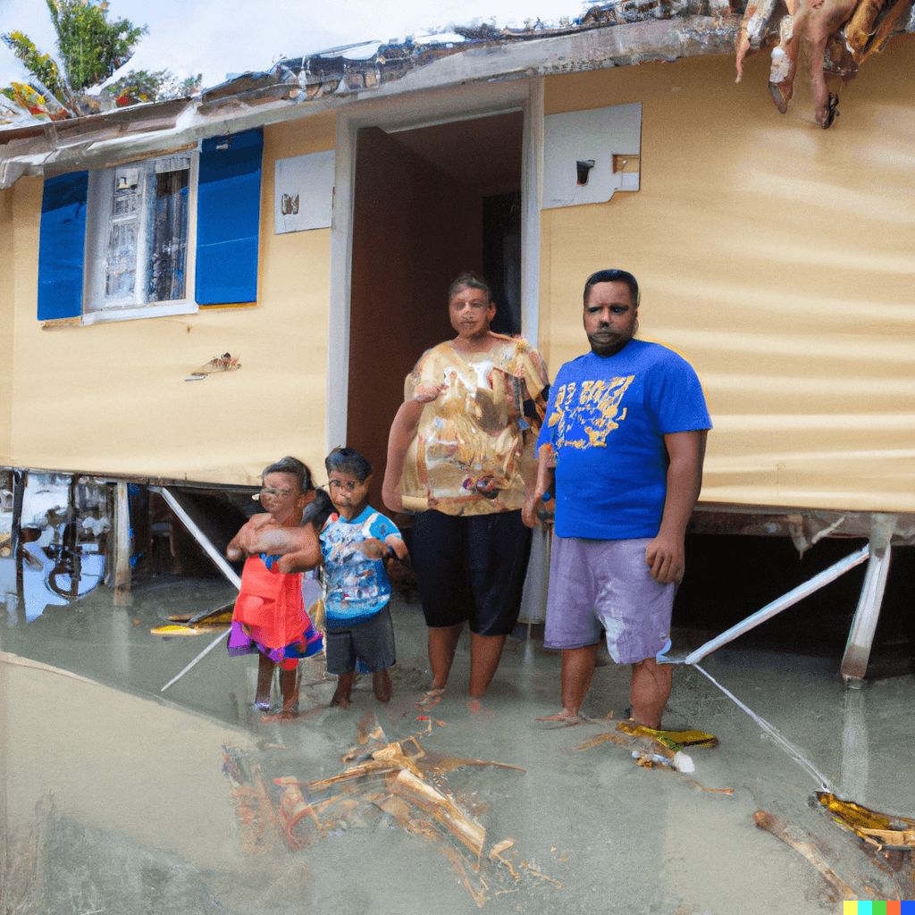Promt: Family in front of their flooded house in Tuvalu