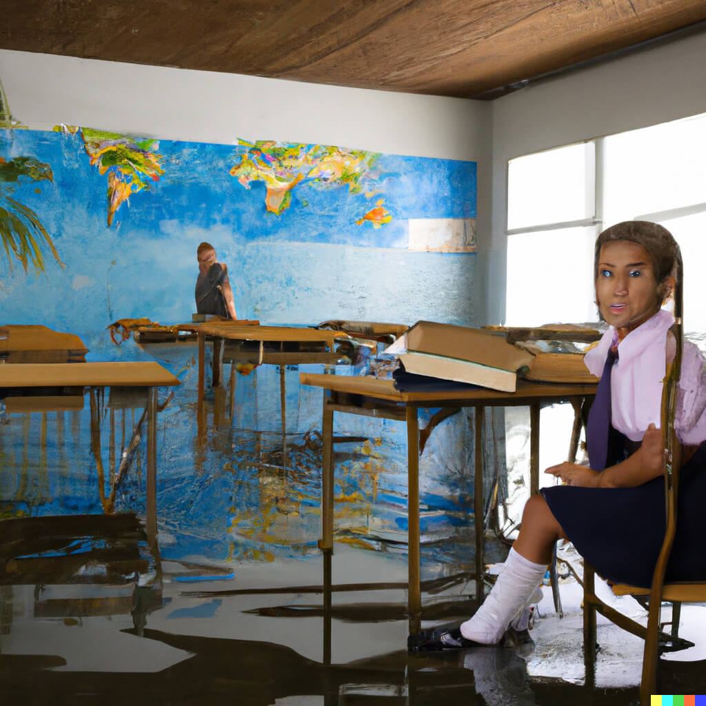 Promt: a flooded classroom with kids in Polynesia