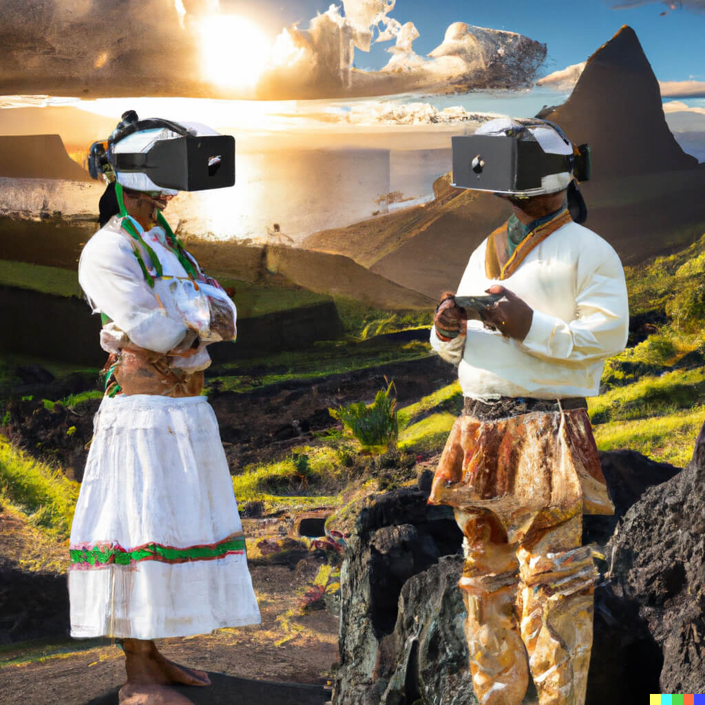 Promt: Traditionally dressed Polynesians with VR glasses with landscape in the background