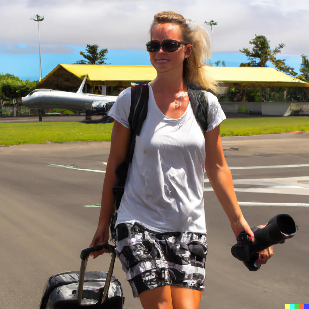 Promt: Nina Weymann with a camerabag at the airport of a Polynesian island